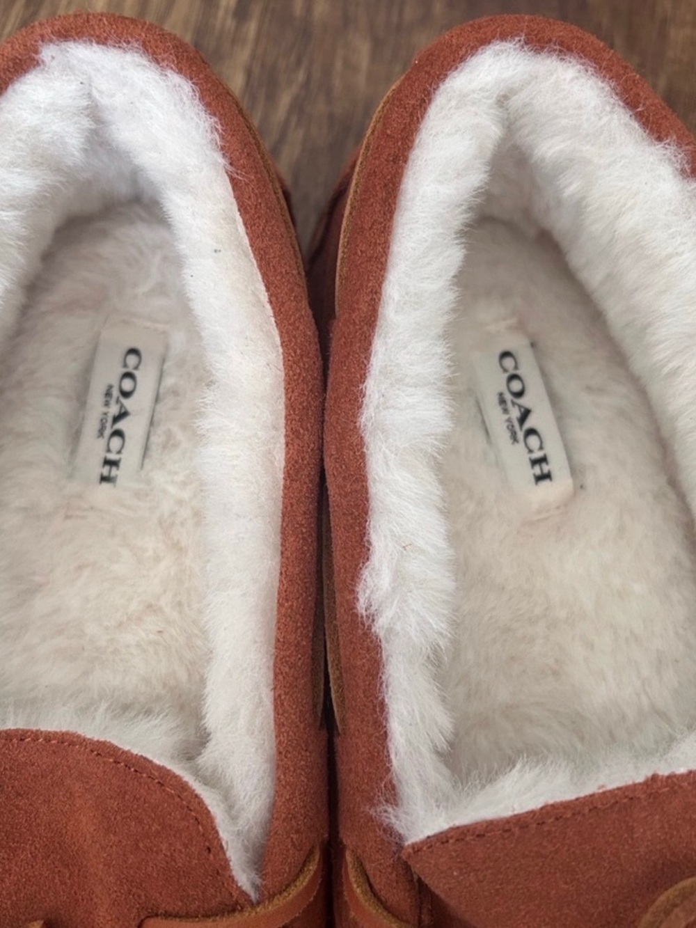 Coach Rust Orange Suede Shearling Moccasin Slippers - Picture 2 of 5